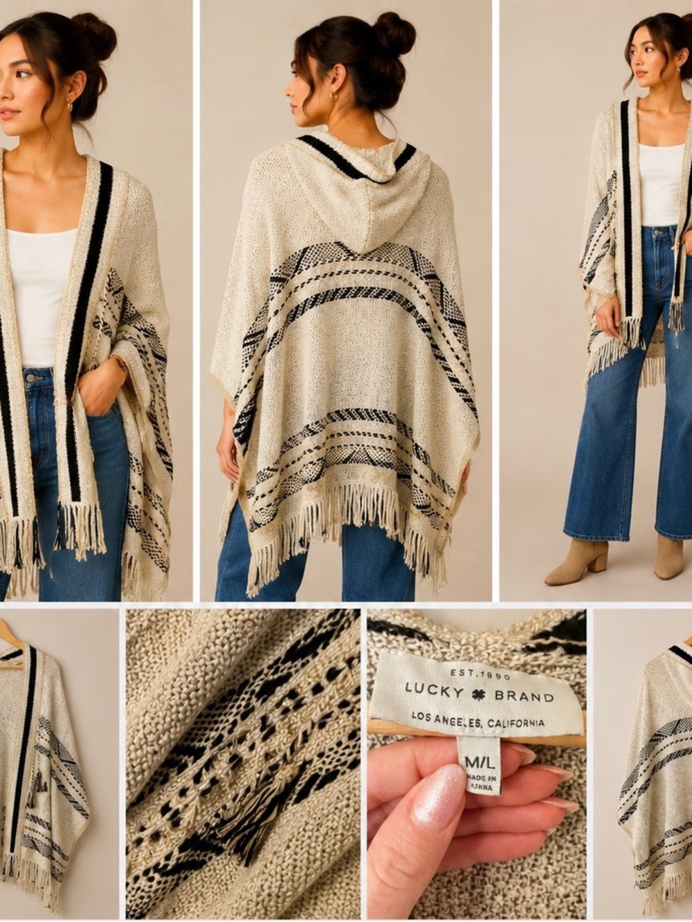 Lucky Brand Cream and Black Knit Poncho - Picture 2 of 5